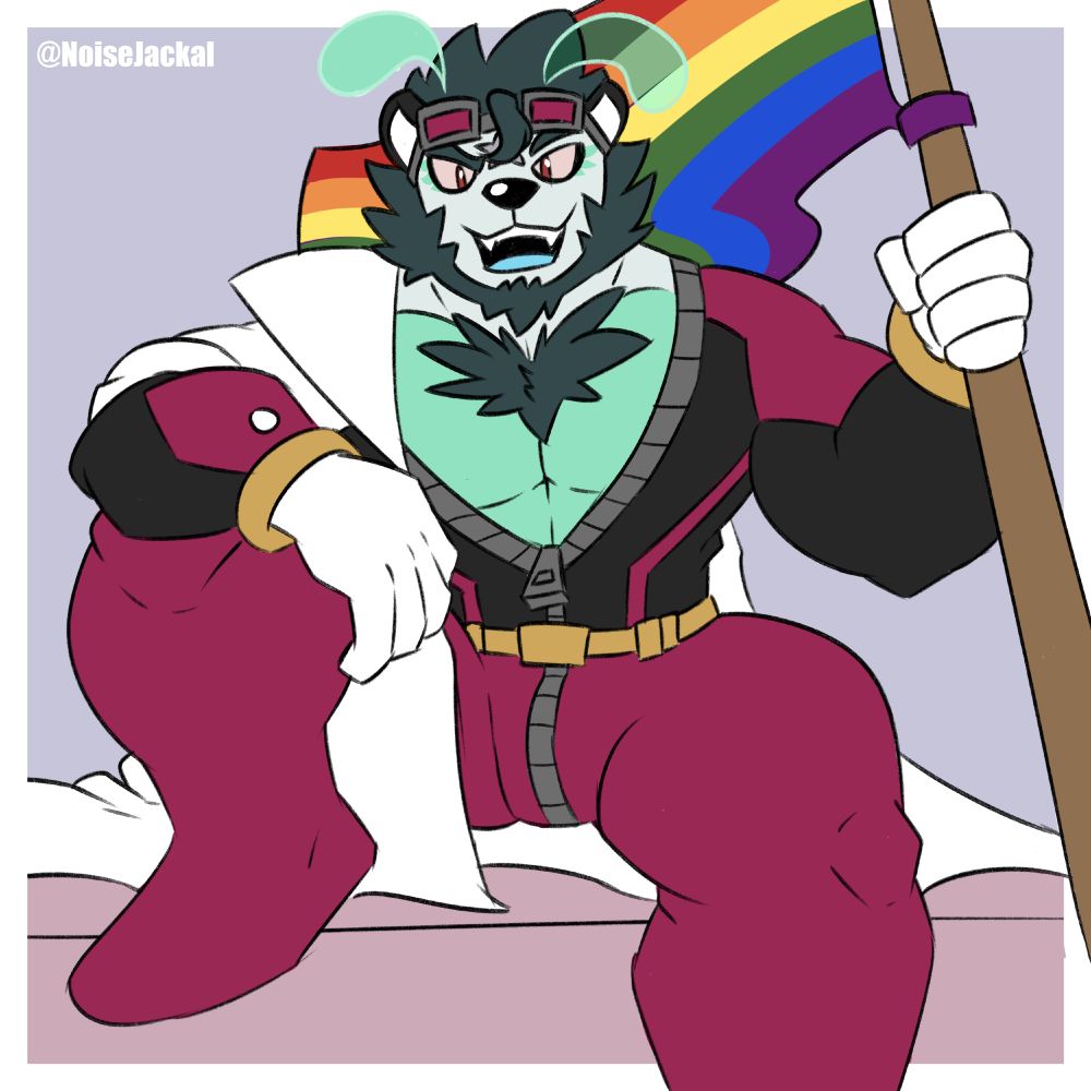 Garphan, the space alien bear, is sitting on a ledge with his right leg folded and his left leg hanging down by the ledge. He's dressed as Noise with his magenta and black tight suit, and white lab coat which is only worn on the right side. He also holds the rainbow Pride Flag on his left hand.