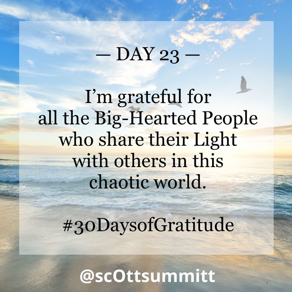 A picture of a beautiful white beach with rolling blue waves under a bright blue & sunny sky filled with seagulls. An opaque white box with black letters reading "Day 23 - I’m grateful for all the Big-Hearted People who share their Light with others in this chaotic world.“ and the hashtag #30DaysofGratitude
