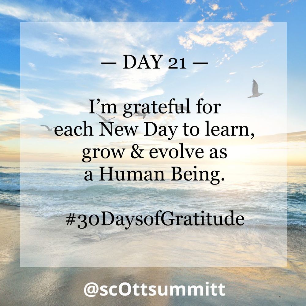 A picture of a beautiful white beach with rolling blue waves under a bright blue & sunny sky filled with seagulls. An opaque white box with black letters reading "Day 21 - I am grateful for each New Day to learn, grow & evolve as a Man Being.“ and the hashtag #30DaysofGratitude