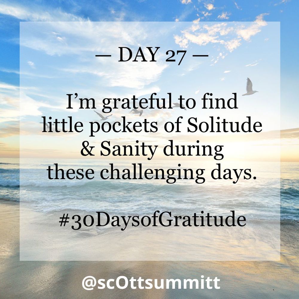 A picture of a beautiful white beach with rolling blue waves under a bright blue & sunny sky filled with seagulls. An opaque white box with black letters reading "Day 27 - I’m grateful to find little pockets of Solitude & Sanity during these challenging days.“ and the hashtag #30DaysofGratitude