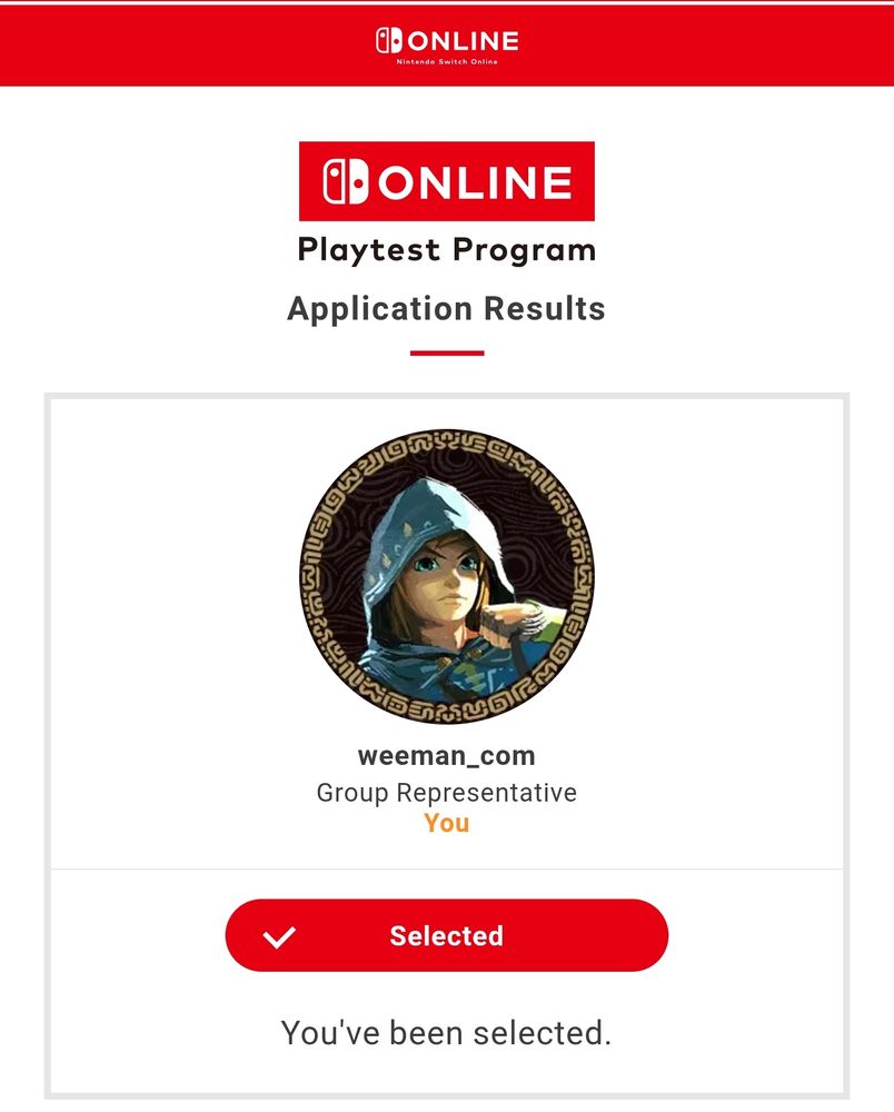 Nintendo Online Playtest Program Application Results page.