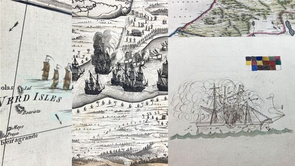 Snippets of two historical maps and a hand drawn sailing ship