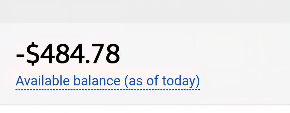 Screenshot of a bank balance showing -$484.78