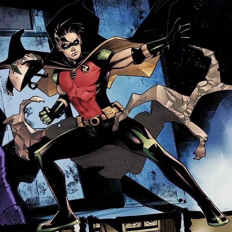Tim Drake, vestido de Robin, em posição de luta com as pernas flexionadas, prestes a dar um soco. 