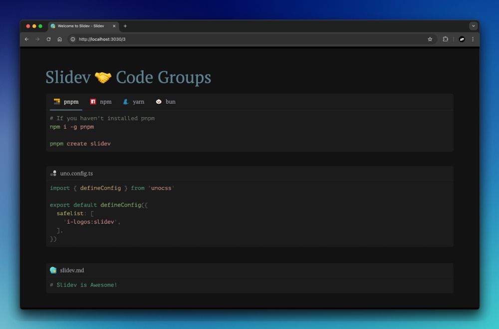 A screenshot showing the effect of using code group in slidev.