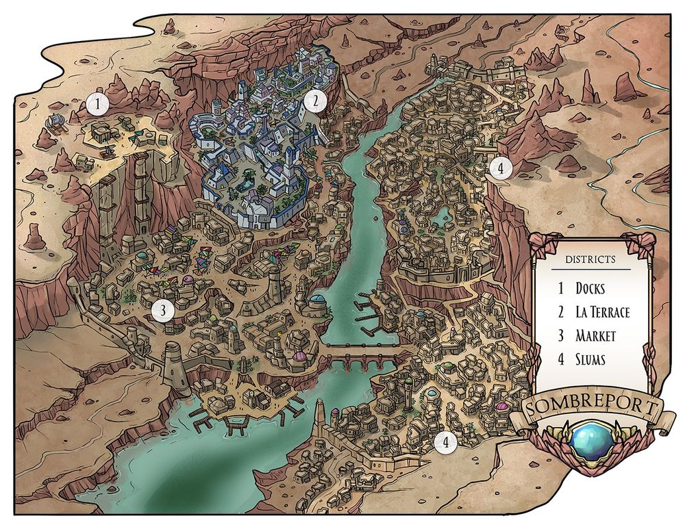 A desert city map in a pseudo isometric style. A green-blue river splits the city down the middle, with both sides nestled in the shadow of a deep ravine leading on to flat desert and spire-like rocks. A map key on the right declares it to be the city of Sombreport. 