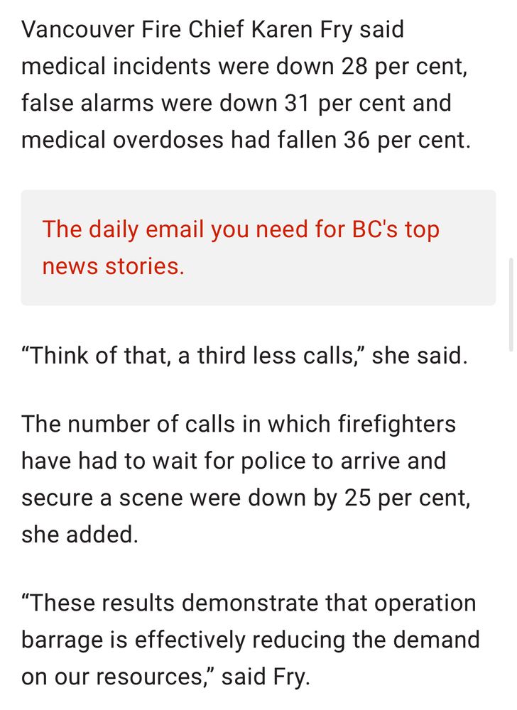 “Think of that, a third less calls,” she said.

The number of calls in which firefighters have had to wait for police to arrive and secure a scene were down by 25 per cent, she added.

“These results demonstrate that operation barrage is effectively reducing the demand on our resources,” said Fry
of 
