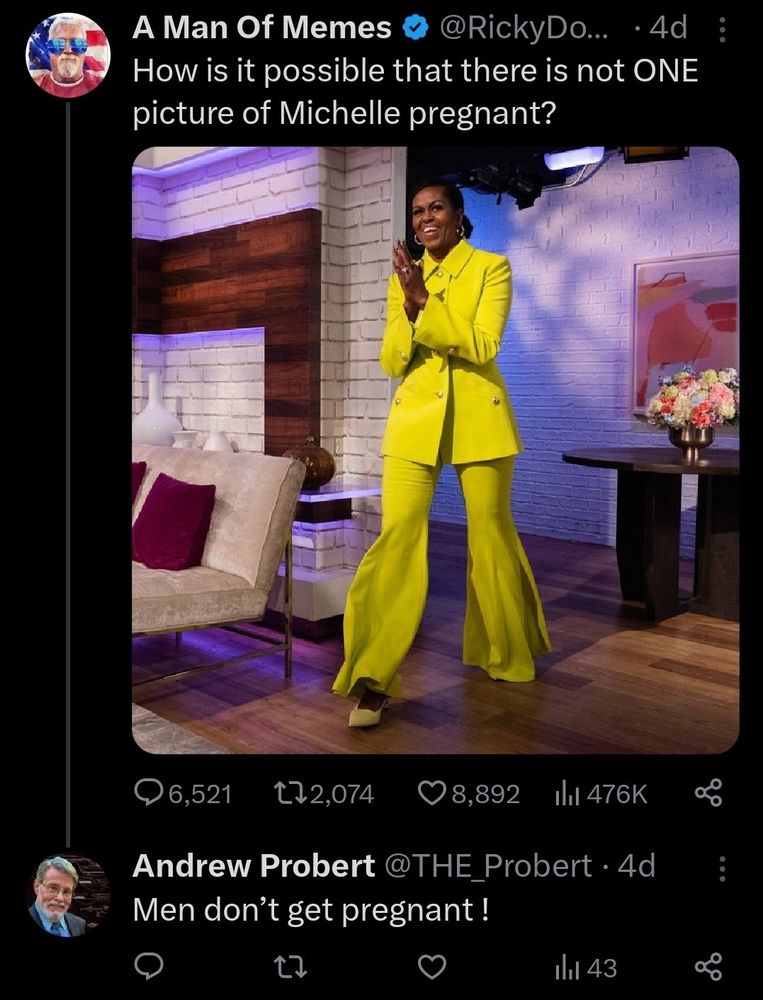 A tweet from "A Man of Memes" saying "How is it possible that there is not ONE picture of Michelle pregnant?"

Andrew Probert replies "Men don't get pregnant!"