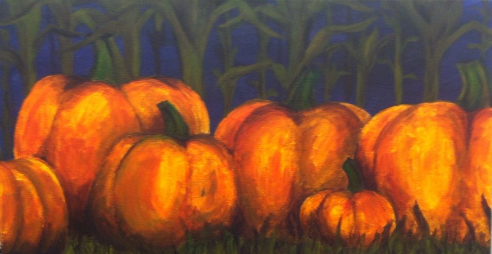 A long painting of a stack of pumpkins against a corn field. 
