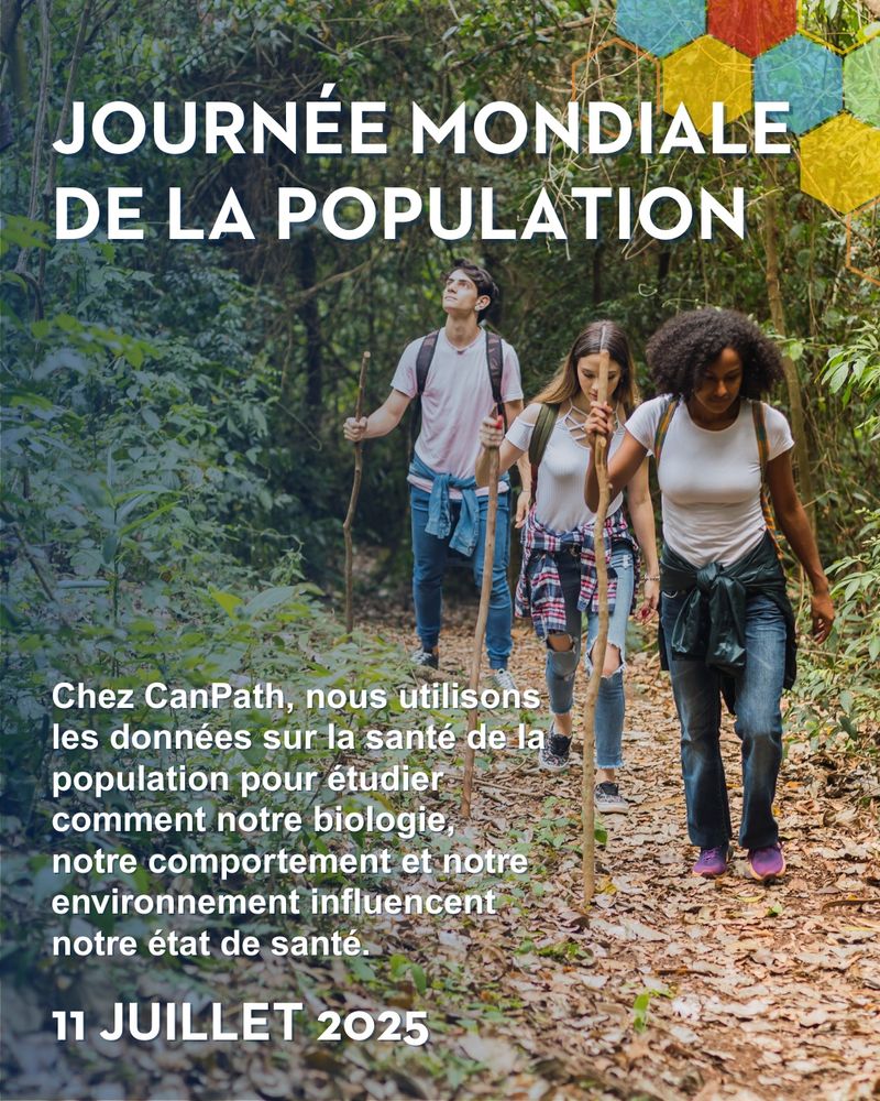 Trois jeunes adultes descendant un sentier de randonnée. Le texte dit : Journée mondiale de la population: Chez CanPath, nous utilisons les données sur la santé de la population pour étudier comment notre biologie, notre comportement et notre environnement influencent notre état de santé. 11 juillet 2025.