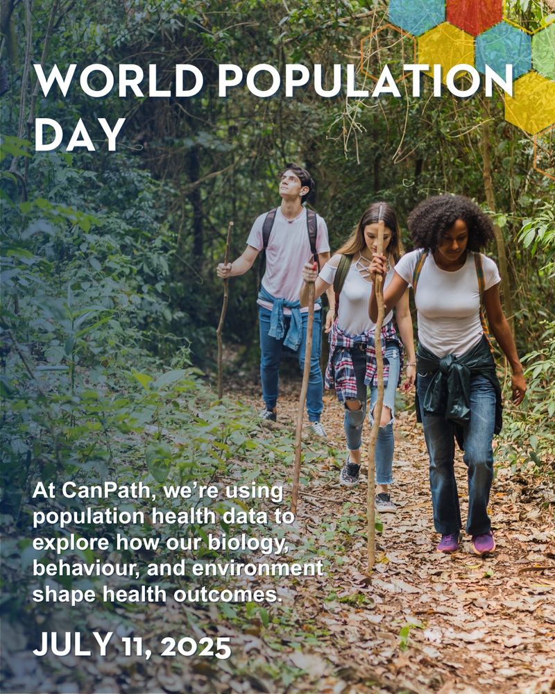 Three young adults hiking down a trail. Text reads: WORLD POPULATION DAY: At CanPath, we're using population health data to explore how our biology, behaviour, and environment shape health outcomes. July 11, 2025.