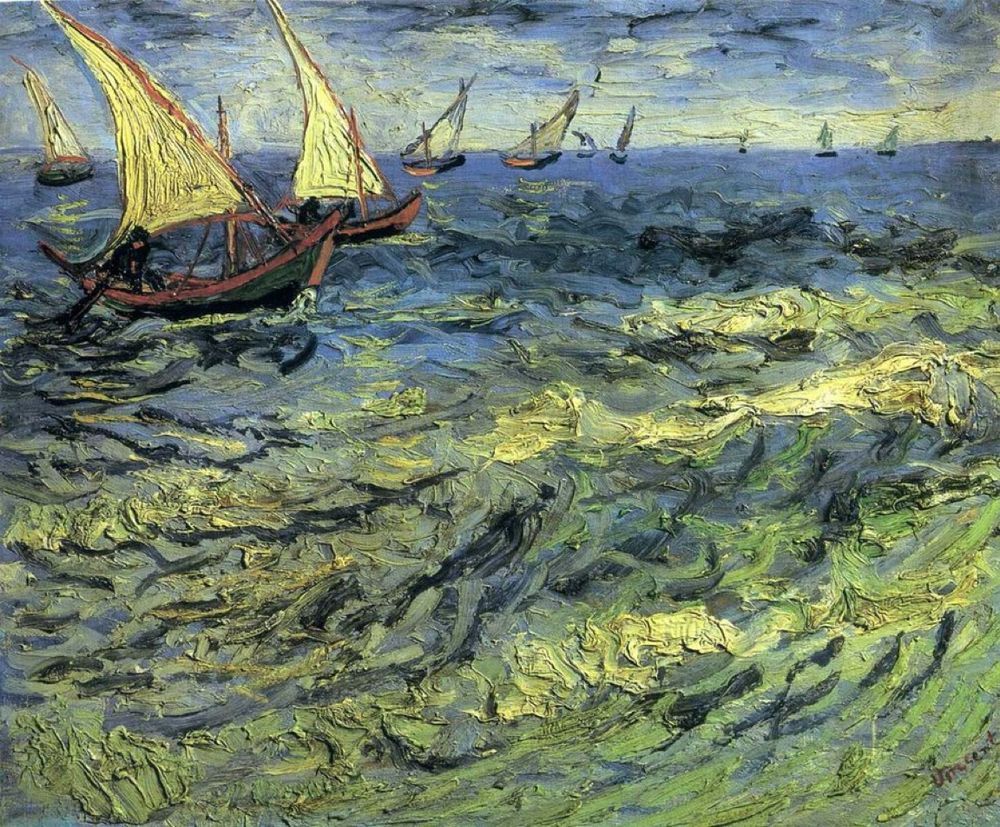 An oil painting by Vincent Van Gogh, 'Fishing Boats at Sea', from 1888. The scene is dominated by a rough sea, with strong waves represented by thick, undulating brushstrokes in shades of deep blue, teal, yellow, and gray. In the upper left corner, two larger fishing boats with yellow sails are in the foreground. Other smaller boats with similar sails are visible in the distance, sailing towards the horizon. The sky above is cloudy, with shades of dark blue and gray. The painting exudes a sense of movement and the force of nature.