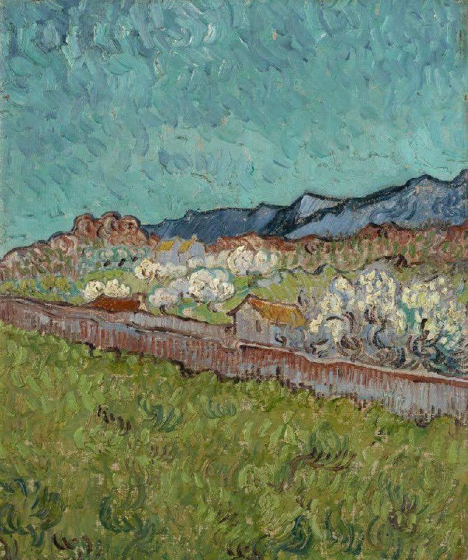Painting by Vincent van Gogh showing a view of Saint-Rémy-de-Provence, with a green field in the foreground, flowering trees behind a wall, and bluish mountains in the background under a turquoise sky with circular brushstrokes.