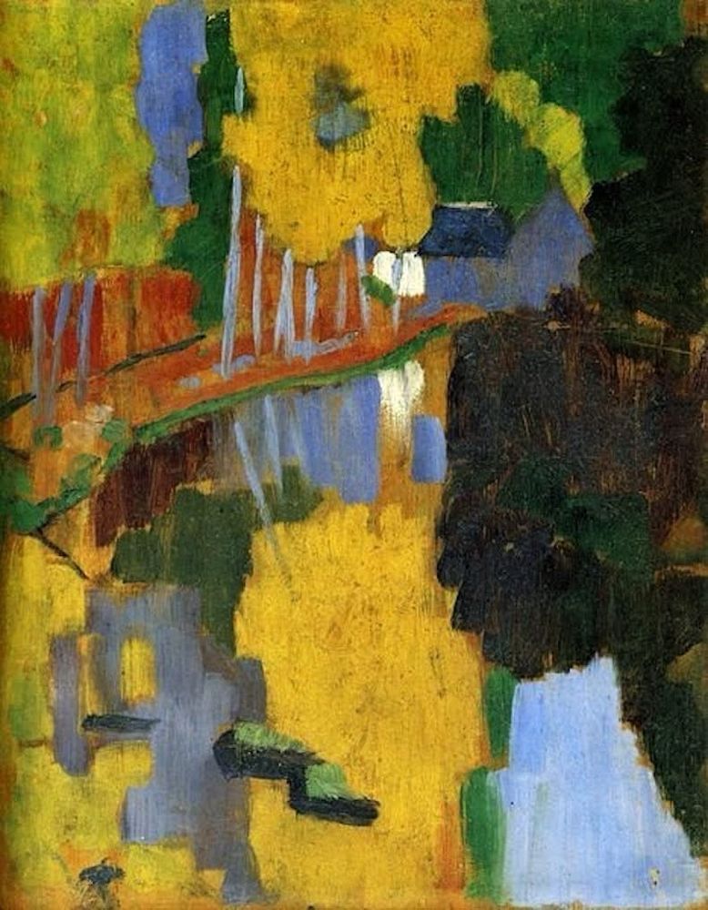 Post-Impressionist painting by Paul Sérusier, ‘The Talisman’ (1888), depicting a landscape with yellow and green trees, a blue house in the background, and its distorted reflection in a river. 