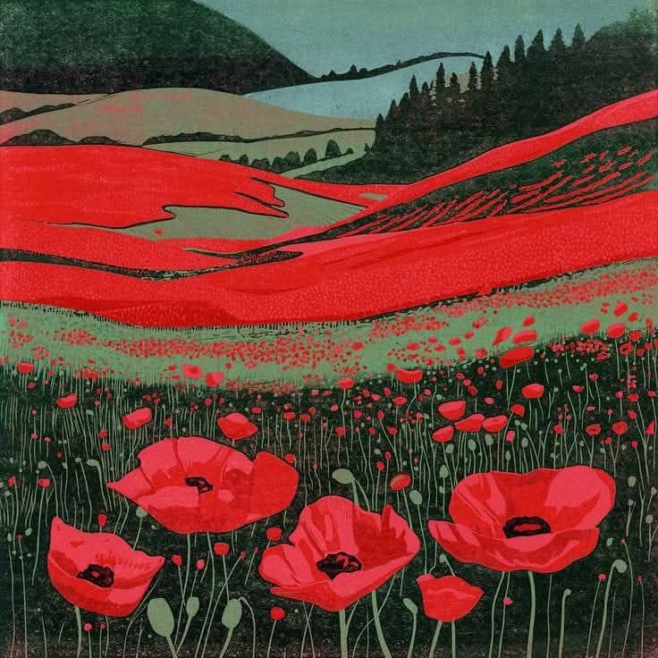Illustration by Layla Khani with red poppies in the foreground, among stylized grasses. In the background, rolling hills alternate between red and green fields, with rows of trees and a blue strip suggesting a river or lake between the mountains.