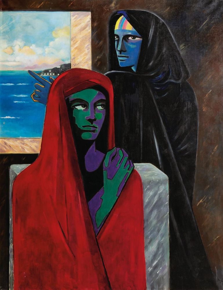 Painting with two stylized female figures in front of a window overlooking the blue sea and a partially cloudy sky. On the left, a woman with green and purple skin wears a deep red cloak and looks to the side with a restrained expression. On the right, a figure with blue skin and a colorful stripe on her forehead wears a black cloak and points toward the background.