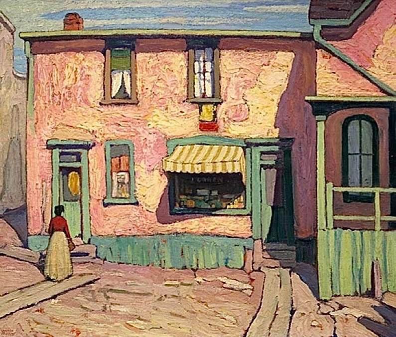 Lawren Harris, “Italian Store in the Ward.” Painting of a small shop with a pink façade and aqua-green trim, bathed in golden light. A woman in a light skirt and red blouse walks toward the door along a narrow, unevenly paved street. Thick brushstrokes and strong color contrasts highlight the urban light of early 20th-century Toronto.