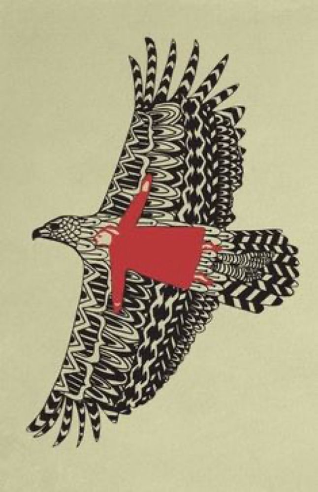 A black and beige woodcut-style illustration of a majestic eagle in flight, with a woman in red robes nestled on its back, arms outstretched, as if she were part of the bird.