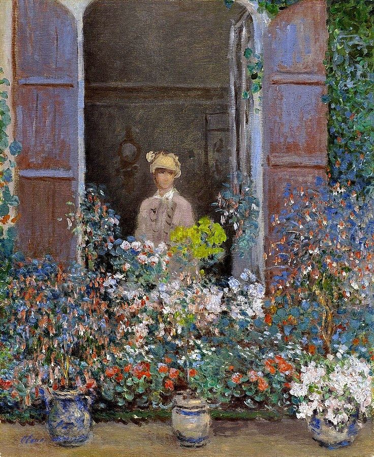 Claude Monet, Camille at the Window, Argenteuil (1873). The painting shows a woman — Camille, Monet’s wife — standing in an open window, partly in shadow and surrounded by colorful flowers in pots. The petals in shades of white, blue, and red contrast with the dark interior of the house.