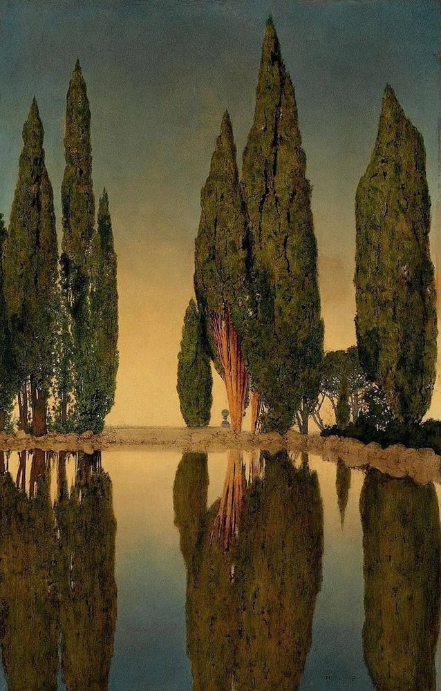 Painting by Maxfield Parrish (1870-1966) called "The Reservoir at Villa Falconieri, Frascati". The composition shows a line of tall Italian cypress trees in the center and to the right, perfectly reflected in a lake that occupies the lower half of the painting. The color of the sky varies from a dark blue-gray at the top to golden and ochre tones at the horizon line, which gives the scene a magical light.