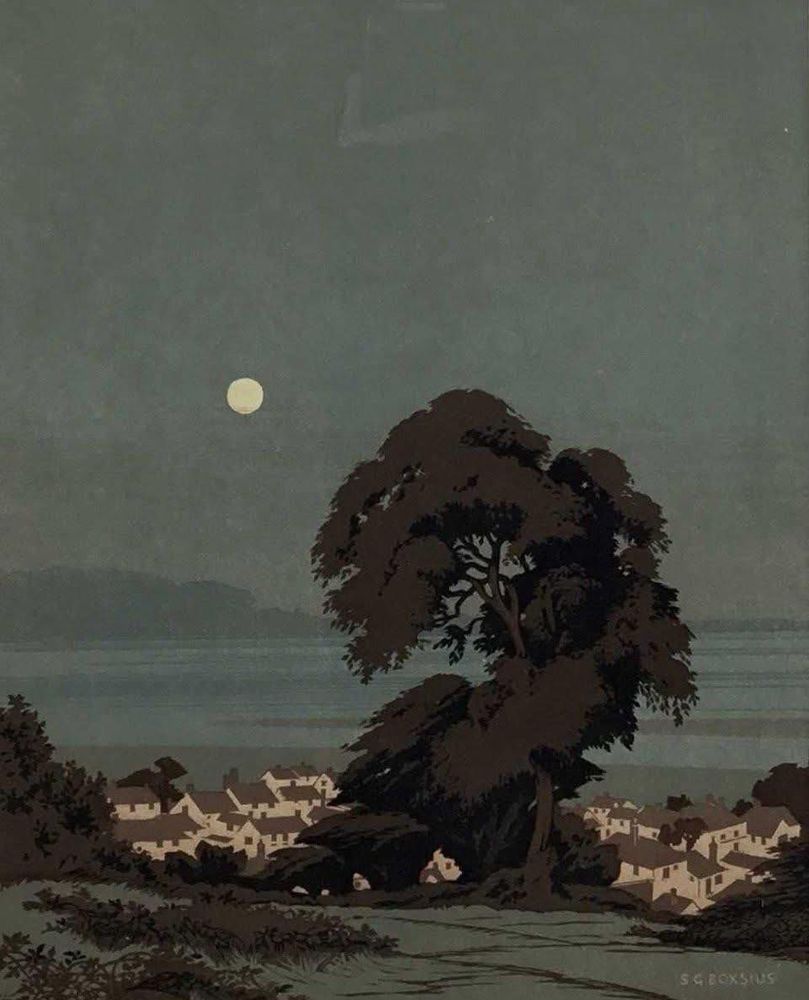 A night scene with a bright full moon in the dark sky over a vast expanse of water. In the foreground, a large dark tree dominates the center, and below it, a cluster of white houses with dark roofs stretches along the shore, reflecting the moonlight and creating a contrast with the surrounding darkness.