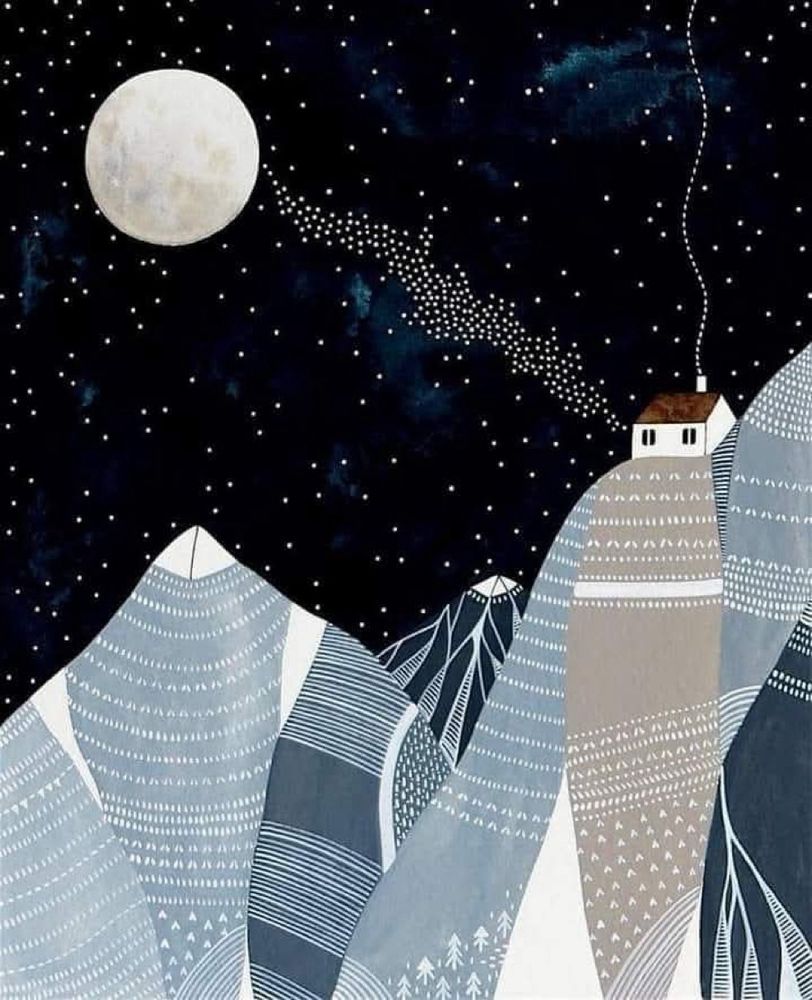 Starry Night, Natasha Newton. An illustration in a cool palette depicting stylized mountains in shades of blue, gray, and beige, each filled with repetitive graphic patterns. At the top of one mountain sits a small white house with a chimney releasing a winding trail of smoke. The deep night sky is dotted with white stars and a luminous full moon that creates a strong contrast.”
