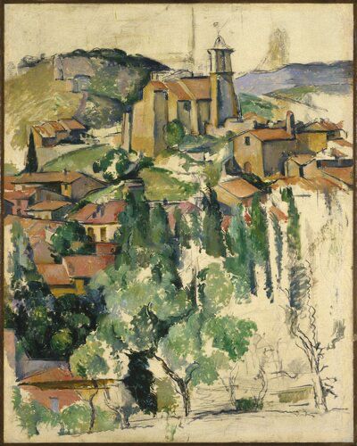 Painting of a village on a hill, featuring a church with a central tower surrounded by houses with red-tiled roofs. Trees and vegetation appear in the foreground, with some areas shown only as outlines and without color filling.