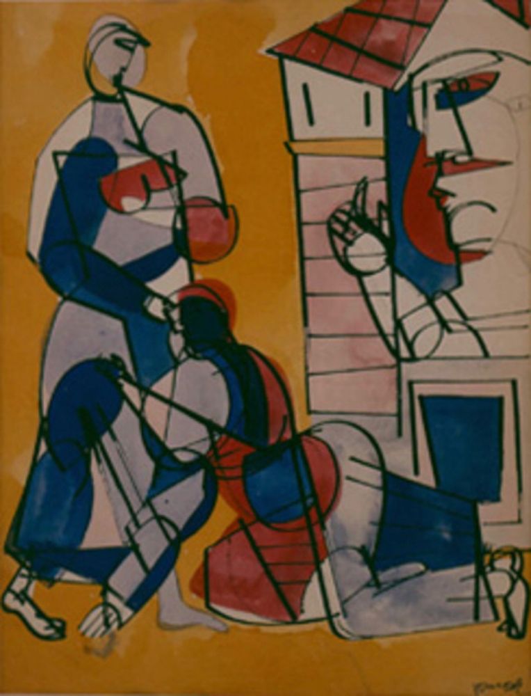 Figurative painting in a Cubist style with primary colors on a mustard-yellow background. Three stylized and geometrically fragmented figures are depicted. On the left, a tall figure in shades of blue, white, and a touch of red appears to be standing or walking. In the lower center, a smaller figure, kneeling or crouching, predominantly in red and dark blue. On the right, a profile head and shoulders of a larger figure, with blue and red elements, rise near a simplified architectural structure in red and white. The lines are bold and the color planes are flat, creating a sense of volume and movement.