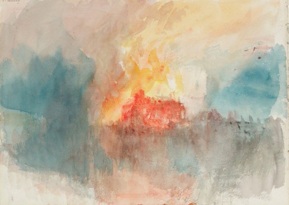 Watercolor by Joseph Mallord William Turner depicting the burning of the Houses of Parliament in London. In the center, warm tones of red, orange, and yellow evoke the intense fire consuming the building, enveloped in a diffuse haze. On the left and right, bluish and grayish areas suggest smoke and reflections over the river.