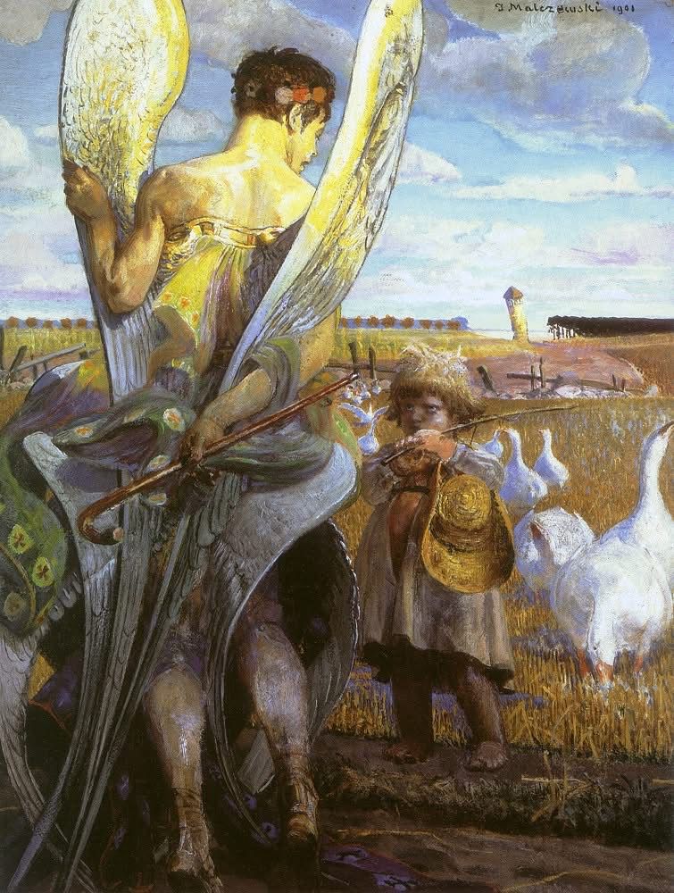 Painting by Jacek Malczewski, 1901. An imposing angel, with bright yellow wings, stands with his back to the viewer in a dry field. Beside him, a child with a golden straw hat and a violin watches him. Three white geese are to the child's right. The sky is blue with white clouds.