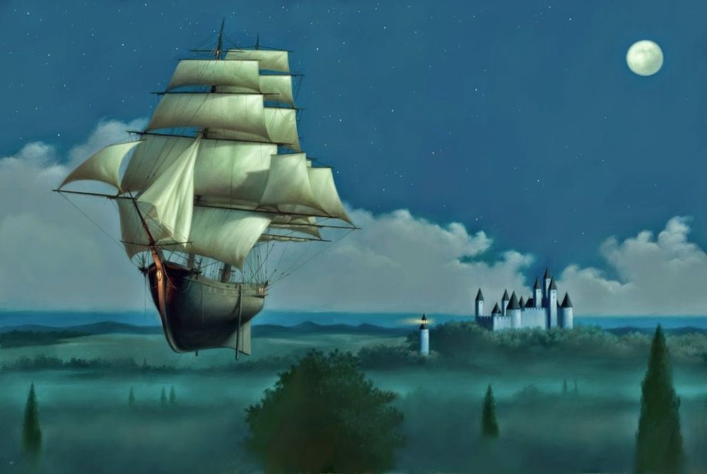 A lustração mostra uma caravela no ar, um castelo a direita ao fundo, algumas nuvens e árvores, e uma lua cheia acima.