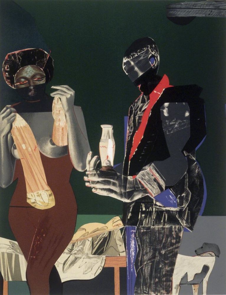 The artwork "Before the First Whistle" (1973), a collage and lithograph by Romare Bearden, addresses the African American experience of migration and labor. The nighttime or early morning scene depicts two women: a woman in a dark dress and a mask over her eyes, holding an elongated object that appears to be a table leg or a spindle; and a man in profile, wearing dark work clothes accented by a red scarf, holding a transparent object in his hand. The title suggests the moment of separation before the factory or train whistle, which marks the start of work. The style is characteristic of Bearden, utilizing visual fragmentation and vibrant colors against a dark background.