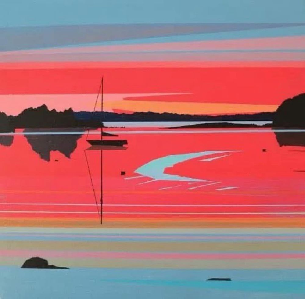 Artwork dominated by a strong red/pink hue reflected in the water, with a sailboat silhouetted in the center. The sky and water are composed of horizontal bands and areas of flat colors, including shades of blue, pink, orange, and black.