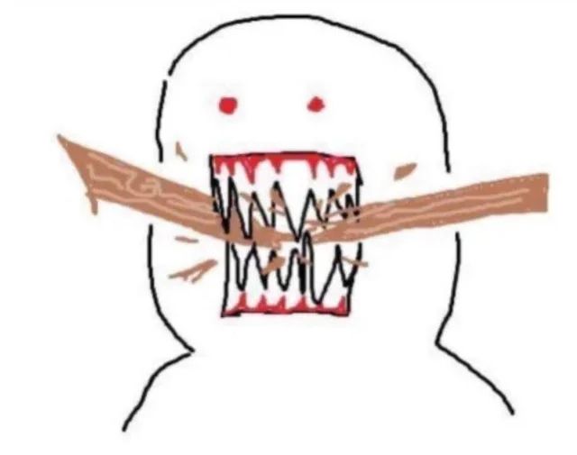 A messily drawn figure biting through a stick with their sharp teeth. They have angry red eyes.