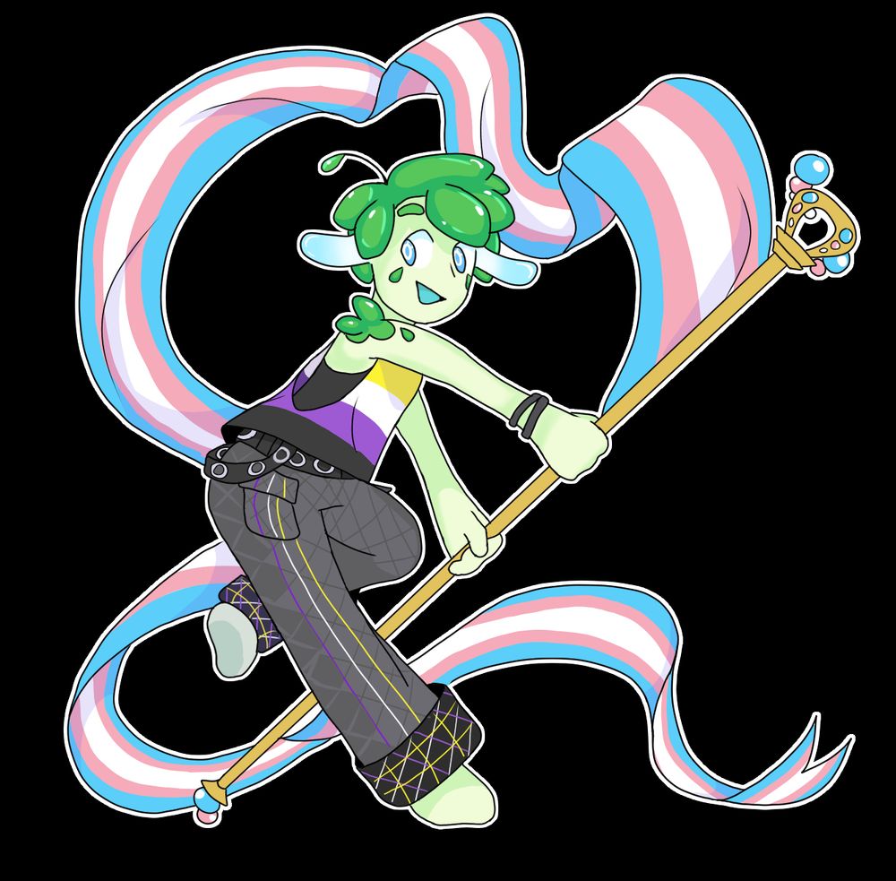 A green humanoid sea slug character wearing at tank top with the non-binary colors holds a staff with a long transgender flag attached.