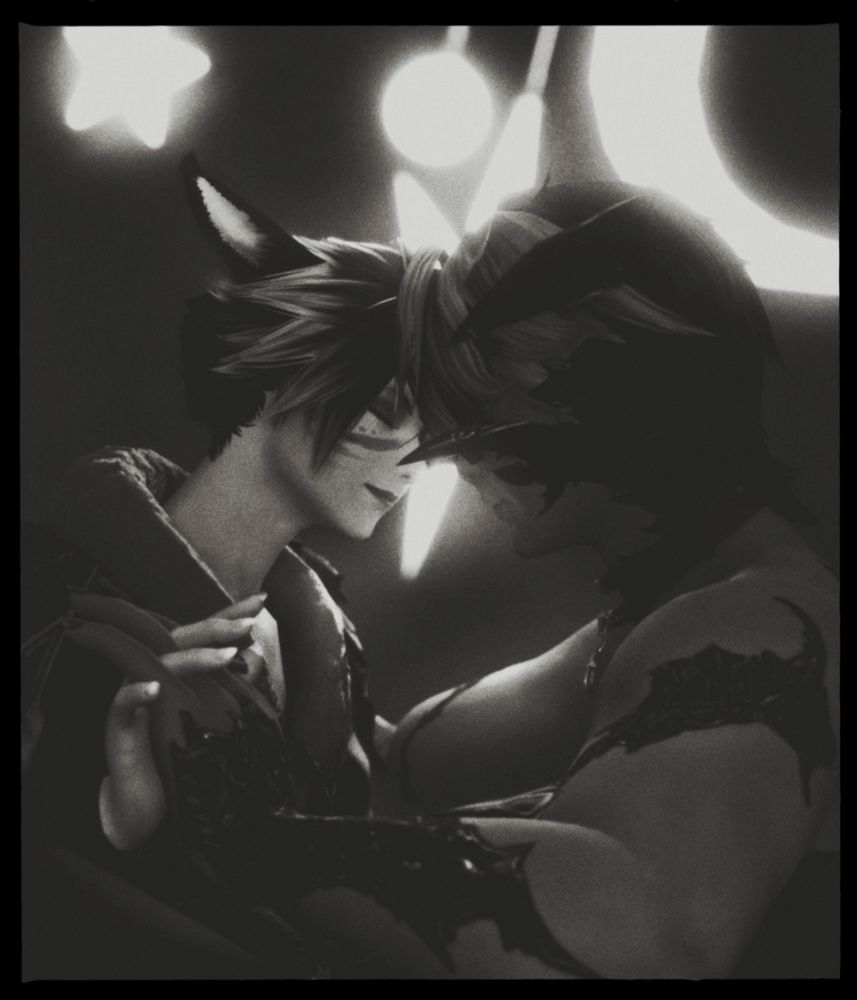 a black and white photograph from the hit massively multiplayer role playing game final fantasy 14 in which two women are holding each other in a tender moment of pure love and connection. their foreheads are pressed together with their eyes closed, their hands conjoined with interwoven fingers. behind them, a large array of star and moon shaped lights beams brightly through the darkness, giving the pair an angelic and dreamlike glow which is further enhanced by the dense film grain and softness of the lighting against the couple. one could almost hear the comforting hum of the miqo'te, or the first free breaths the au ra has drawn in her life. to accept and know and cherish each other in full, to enjoy every piece of burnt food or the way the weather affects one anothers' mood. how freeing it is to be, to let each other's hearts sing in harmony