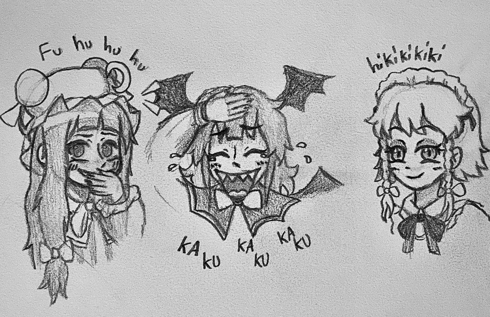 Patchouli Knowledge, Sakuya Izayoi, and Koakuma from Touhou 6 EoSD all laughing 'One Piece' style.