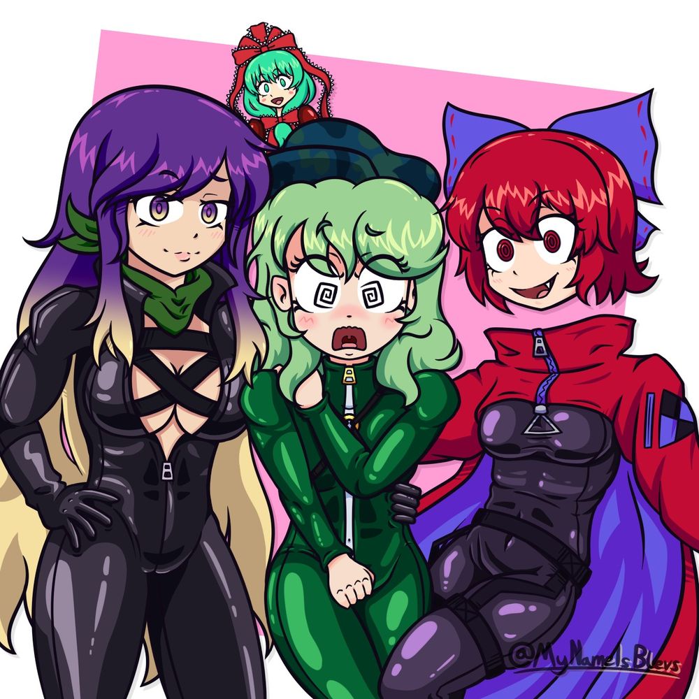 Byakuren, Takane, Sekibanki & Hina from the Touhou Project taking a selfie in Latex Bodysuits.