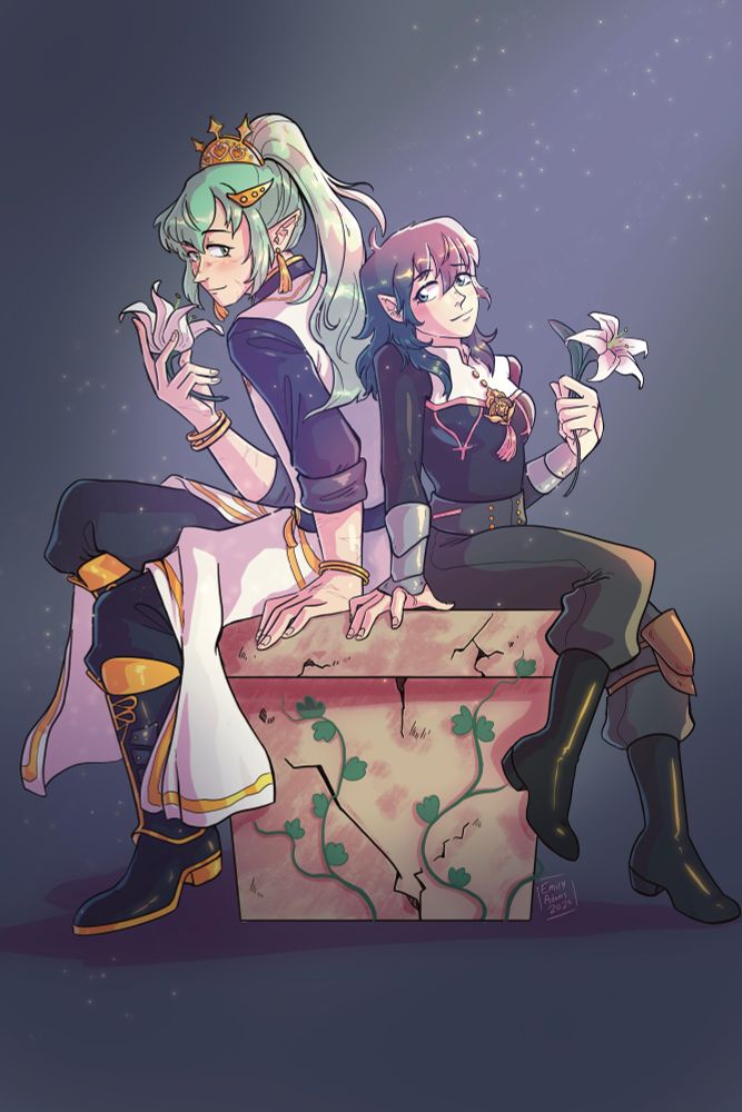 Commission of Jorah and Tate for @deegcakes , of their Eisner twins. Jorah is sitting on the left, holding a lily to his face. He has long green hair, and is wearing a church of Seiros/enlightened attire (I believe). He has many scars on his arms, hands and face. Tate is sitting on the right, leaning back into Jorah slightly. She is holding a lily as well, but further from her body. Her clothes are a more merc/practical (maybe?) inspired version of f!Byleth’s attire. There is a light beaming down on them against a dark background. They are sitting on some kind of pedestal, that is cracked and covered with vines. 