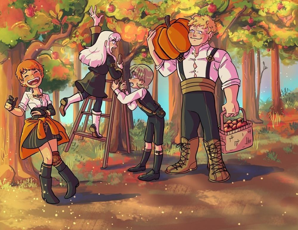 September Illustration featuring academy phase Leonie, Lysithea, Ignatz, and Raphael in an orchard during the fall. Lysithea is on a ladder reaching for an apple, but the ladder is tipping over. Ignatz is trying to rebalance the ladder and Lysithea is yelling at him thinking he is just being over protective and he is trying to explain what is going on. Leonie is leaning against another tree laughing at the two of them, and Raph is smiling fondly at everyone while holding a very giant pumpkin and a basket of apples. 