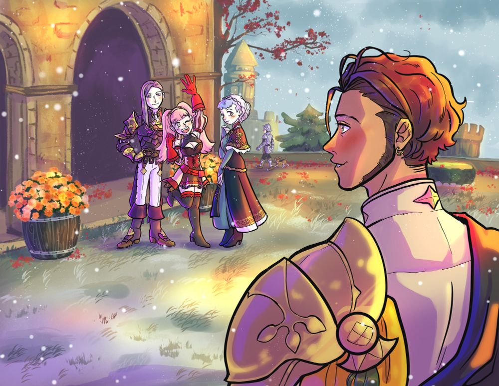 November illustration of post time skip Lorenz, Hilda, Marianne and Claude. It is the end of fall, there are still some chrysanthemums on display and a tree still has some red leaves on it. There are lots of leaves scattered about Garreg Mach and the first snow is beginning to fall but the sun is still peeking through some clouds (not shown directly). They are standing outside the academy classrooms. Lorenz, Hilda and Marianne are further back, looking like they were talking amongst themselves before they noticed Claude. Lorenz is smiling fondly, with one hand on his chest and the other on his hip. Hilda is waving energetically to invite Claude over, one hand is up in the air and the other is in a fist. One leg is kicked up, and she is winking. Marianne is turned towards Hilda, one arm in front of her laying on her dress, the other is up near her face with a gentle smile towards Claude. Claude is coming in from another direction, and looks grateful and relieved to see his friends safe and happy. The sun is beaming on his back. Further in the background, the gatekeeper is walking with his dog. 