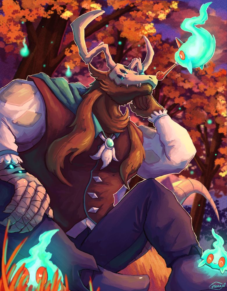 Algernon, an anthro skull deer monster in fancy clothes sits on an autumn forest hill as evening approaches. A bunch of cute will o wisp soul creatures are playing