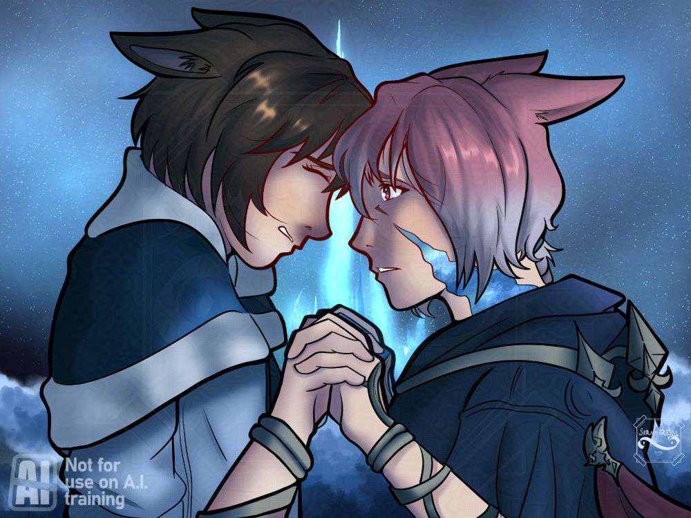 A drawing of my Warrior of Light, Minara, with G'raha Tia as the Crystal Exarch, holding his hands and on the verge of tears
