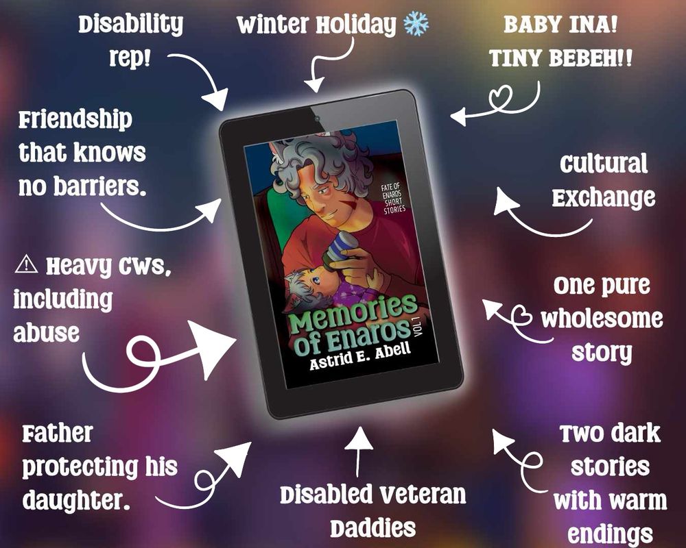 A graphic showing the cover to Memories of Enaros by Astrid E. Abell, which features Kaedan bottle feeding a baby Inarora. It's surrounded by a bunch of text indicating what can be found inside the book.
1. Disability rep
2. Friendship that knows no barriers
3. (warning sign) Heavy CWs, including abuse
4. Father protecting his daughter
5. Disabled veteran daddies
6. Two dark stories with warm endings
7. One pure wholesome story
8. Cultural Exchange
9. Baby Ina! Tiny bebeh!
10. Winter Holiday (snowflake)