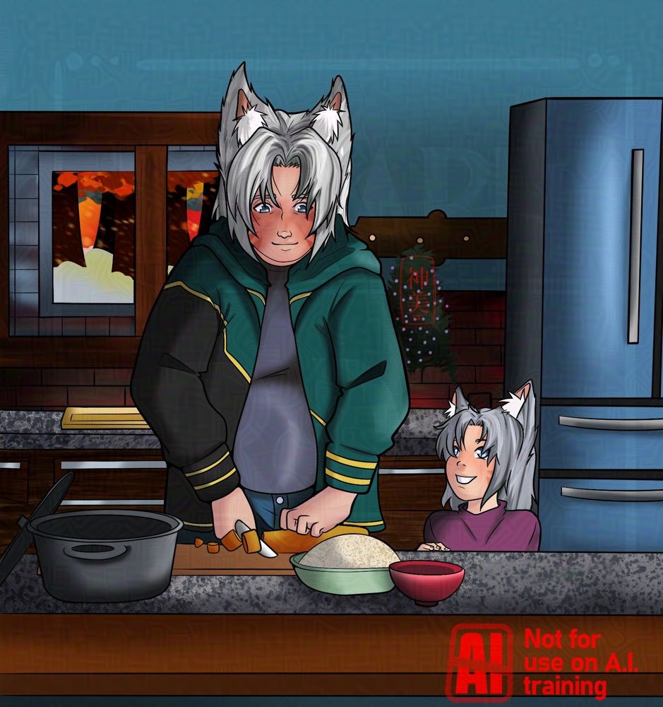 A drawing of Byron and Inarora in the kitchen together. Byron looks like he's in his late 20s and has a dad bod going. He's cutting up a vegetable and showing Inarora how to cut up veggies. Inarora is a tiny 6 year old and she is just watching him in pure adoration and it's honestly the most precious shit ever.