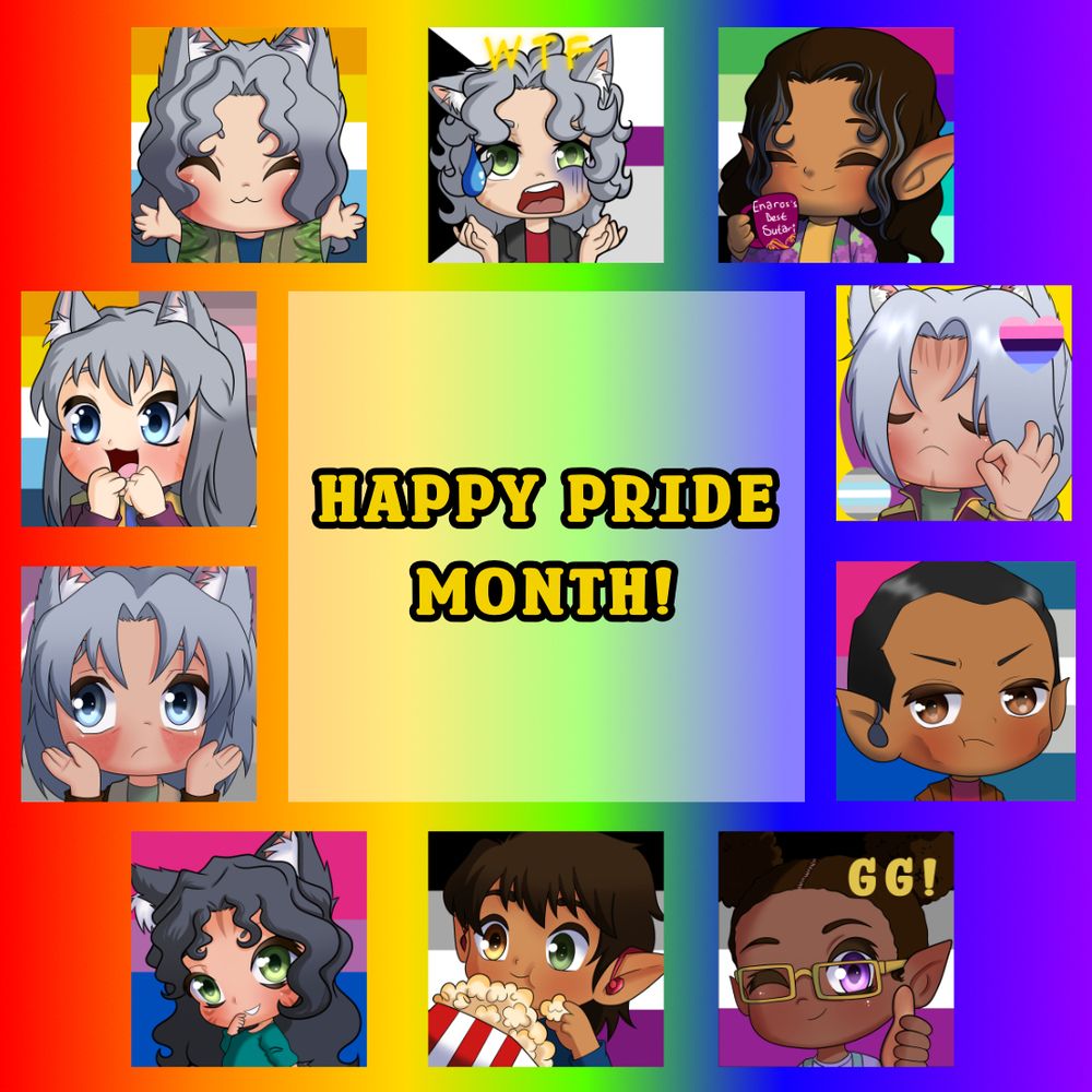 A rainbow gradient graphic with 10 chibi icons surrounding a box that says "Happy Pride month!"

The characters and identities are as follows:
Inarora: Aroace, demigirl, non-binary
Byron: Vallisexual
Xarlen: Bisexual
Damyien: Ace
Priwen: Ace
Xavier: Bisexual and Grey-romantic
Ezekiel: Intersex, demiboy, and omisexual
Seri: Aromantic, Bisexual Achillic/Gay
Kaedan: Demi-Ace
Lysander: Aroace