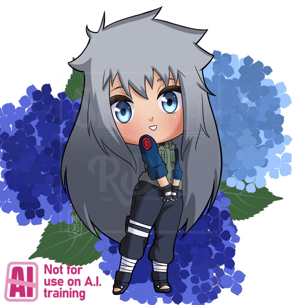 A chibi of Tsukiya in front of a background of hydrangeas. They are smiling.