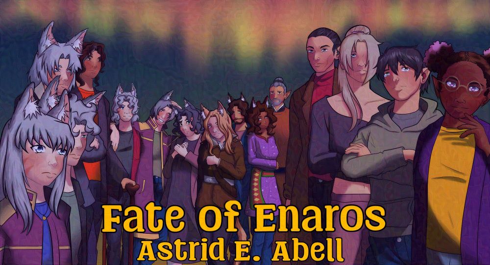 A huge drawing of 15 characters together. From left to right it's Inarora, Kaedan (in his wheelchair not pictured because of the angle), Byron, Seri (using his cane), Lysander (using his cane), Ezekiel, Xarlen, Aymeria, Ei'rah, Asra, Sunxia, Xavier (with a hearing aid), Adrian (sporting that crop top like a champ), Damyien (also with a hearing aid), and Priwen (her hair in beautiful twin puff balls with some purple on the tips). About 46% of the picture involves non-white people, and most of the white people are part of Inarora's family. (Sorry, trying to make sure it's known not everyone is white lol).