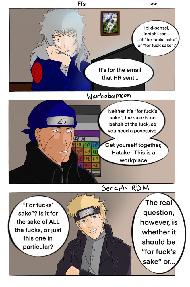 A three-panel comic featuring an annoyed Tsukiya, a disappointed Ibiki, and a confused Inoichi. 