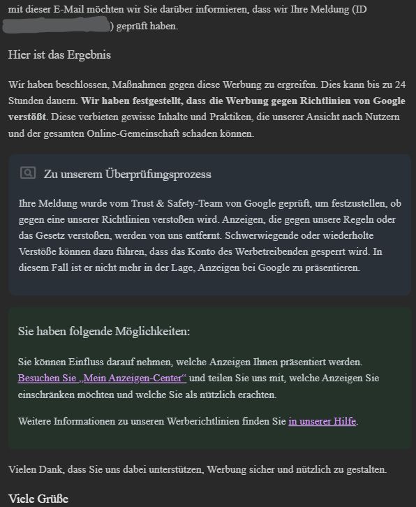 Googles Beschluss, Maßnahmen zu ergreifen.